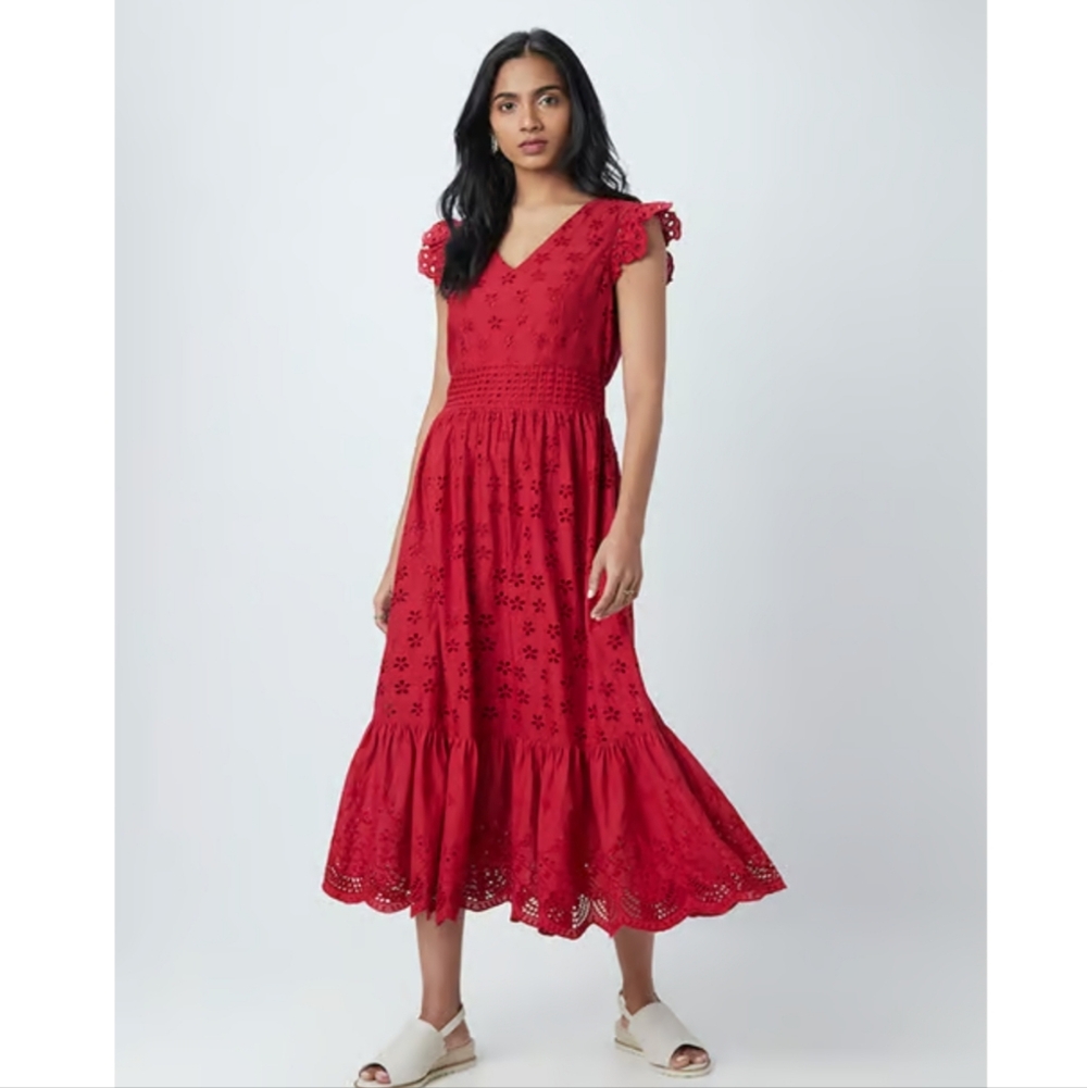 L.O.V. Red Eyelet Embroidery Midi Dress